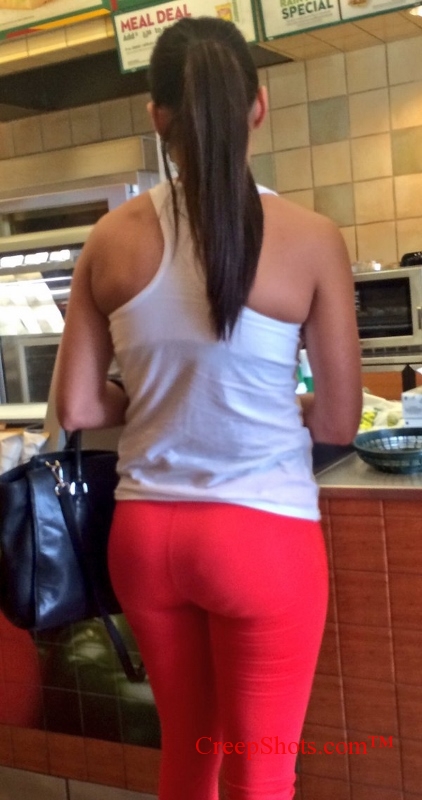 sexy red yoga pants at subway
